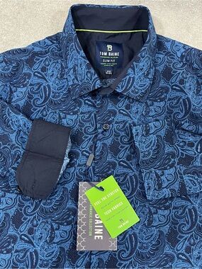 Tom Baine Dress Shirt Slim Fit Performance XXL 18-18.5 Blue Paisley AOP NWT
